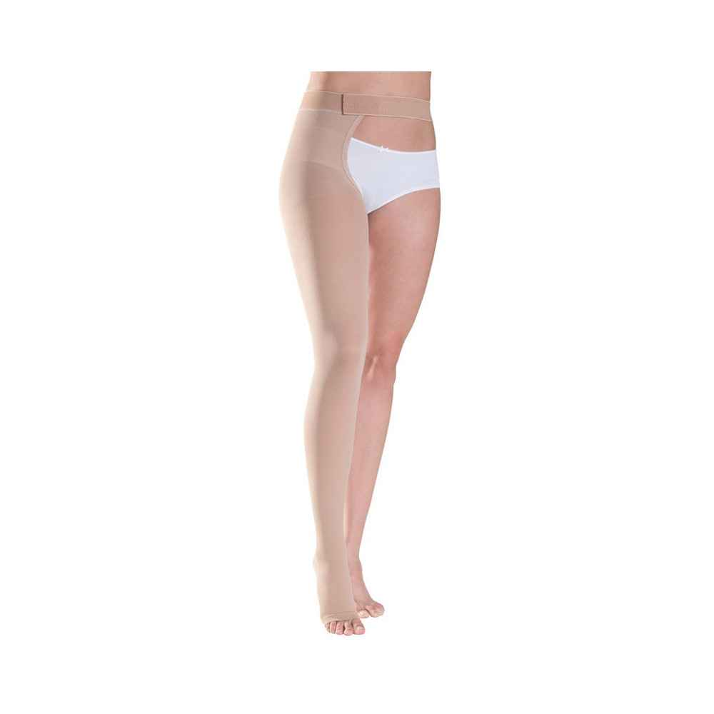 Δεξιά κάλτσα ριζομηρίου με ζώνη Sigvaris Cotton 2 κλάση 2 Μπεζ με Ανοικτά δάκτυλα | Μήκος Normal Κάλτσες ριζομηρίου