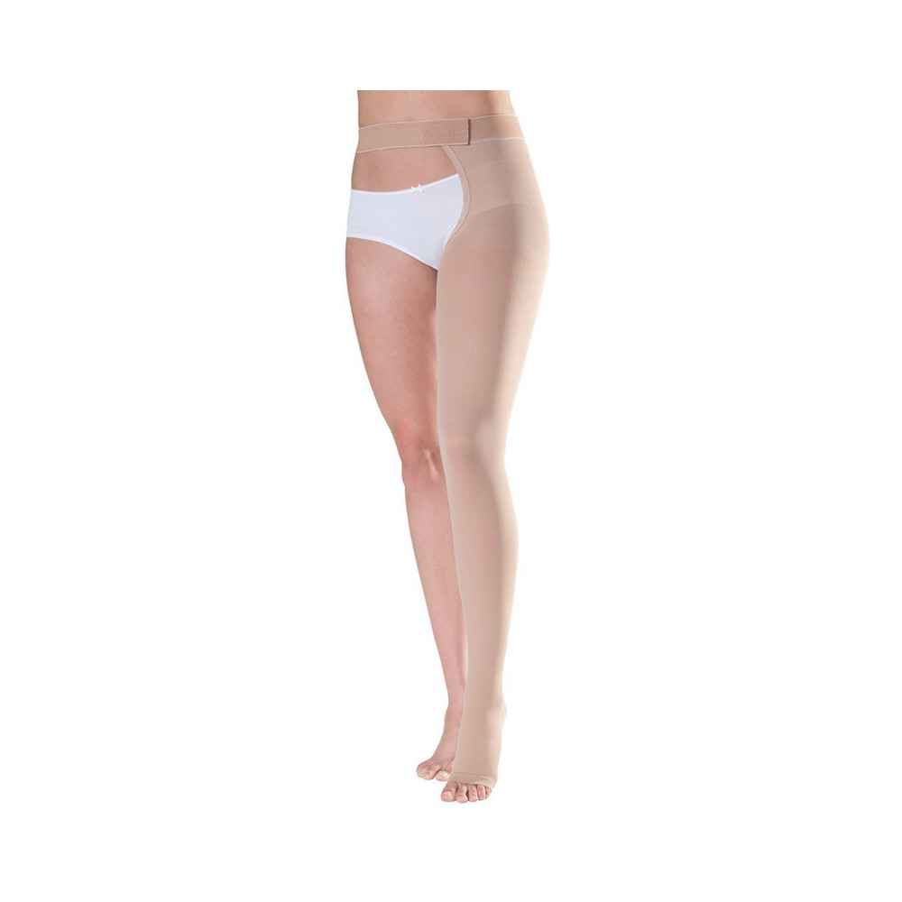 Αριστερή κάλτσα ριζομηρίου με ζώνη Sigvaris Cotton 1 Κλάση 1 Μπεζ με Ανοιχτά δάκτυλα | Μήκος Long Κάλτσες ριζομηρίου